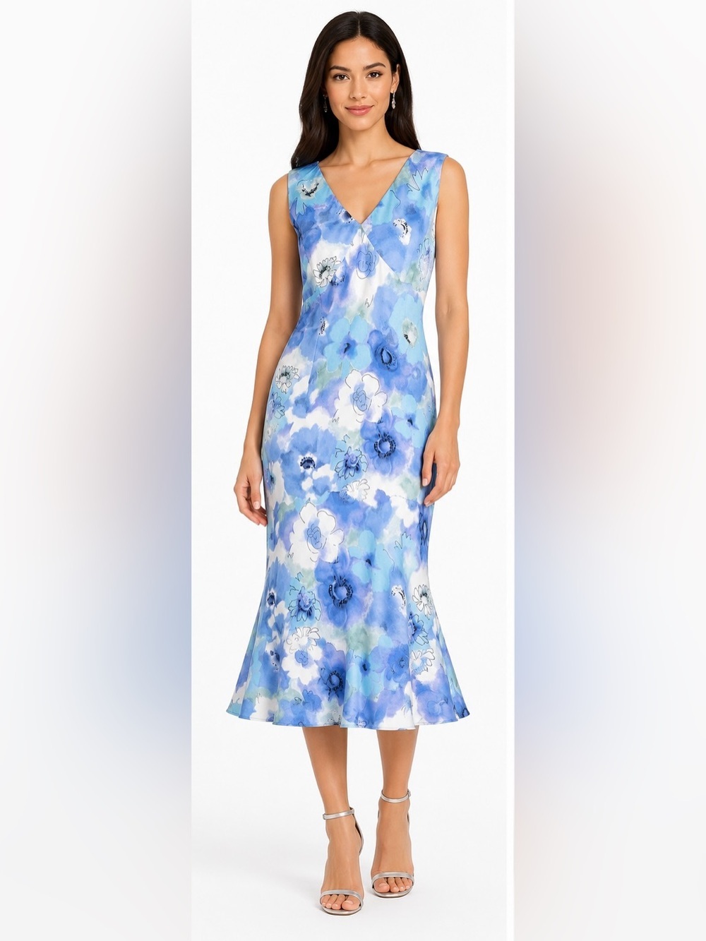 Janique by Kourosh Floral Sheath Midi Dress Blue Watercolor Sleeveless Size L